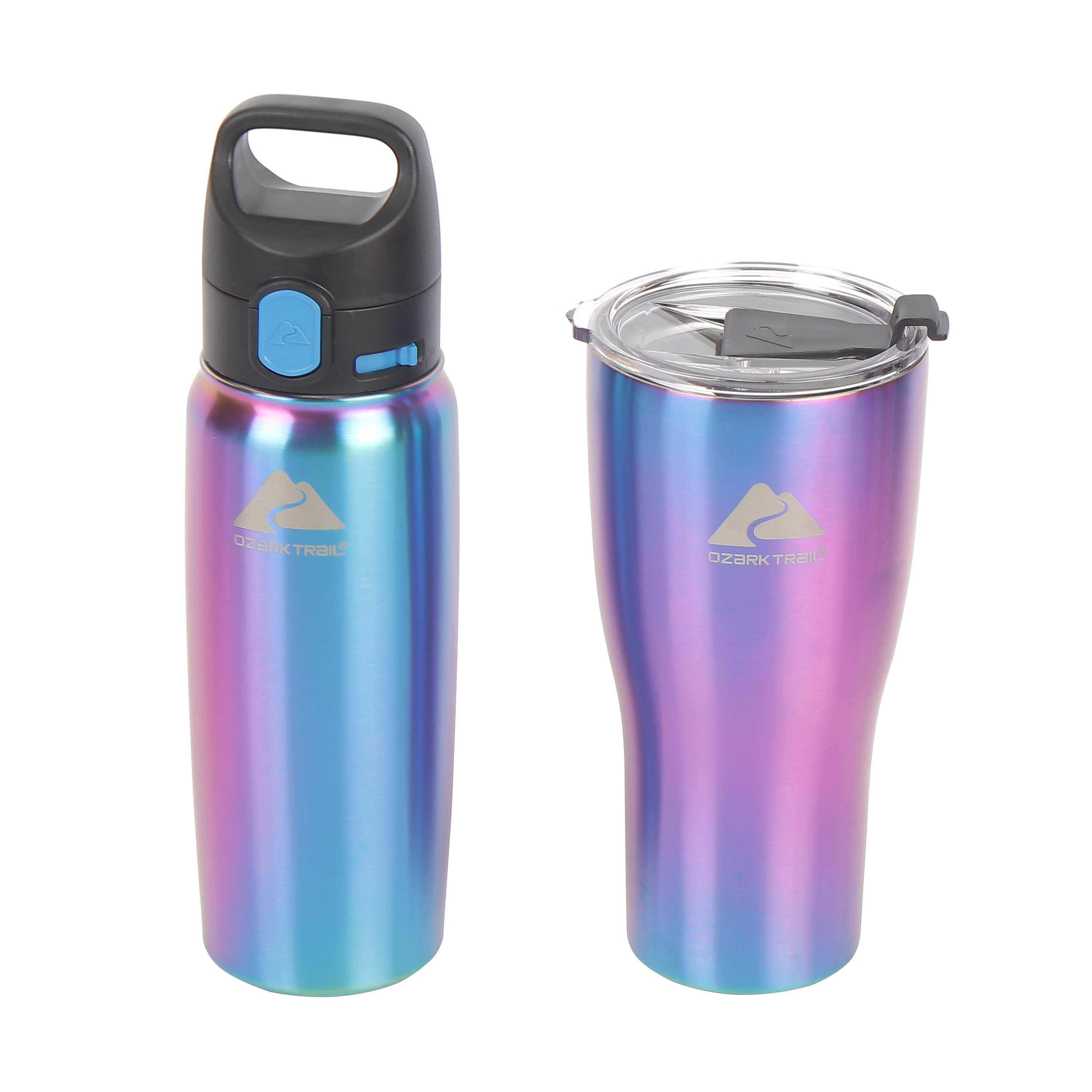 Ozark Trail 2 Pack Stainless Steel 32 oz Tumbler and 24 oz Travel Bottle Combo, Iridescent Blue