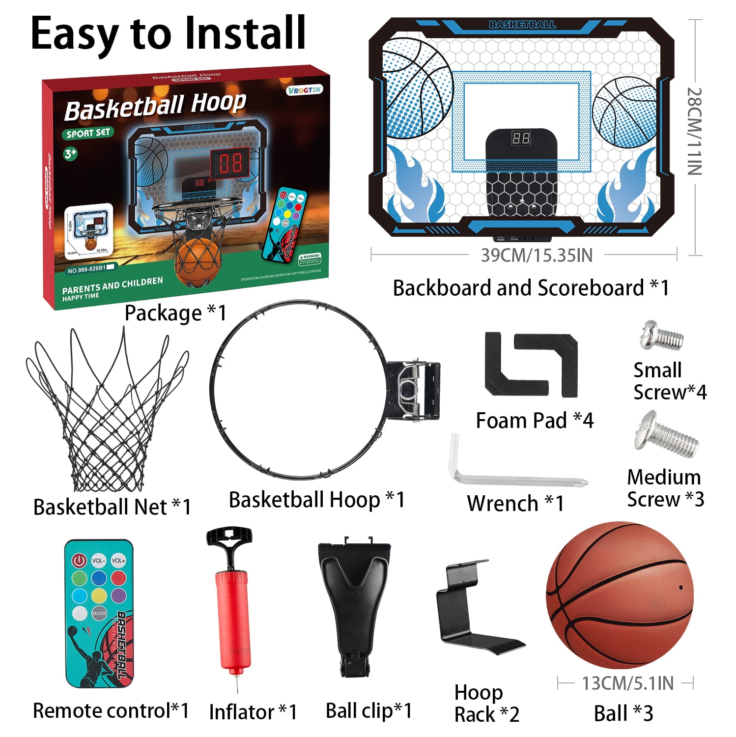 Indoor Basketball Hoop for Kids with 7 Color LED Lights, Remote Control, Over-the-Door Mount, Scoreboard - Gifts for 4-12 Year Old Boys & Girls