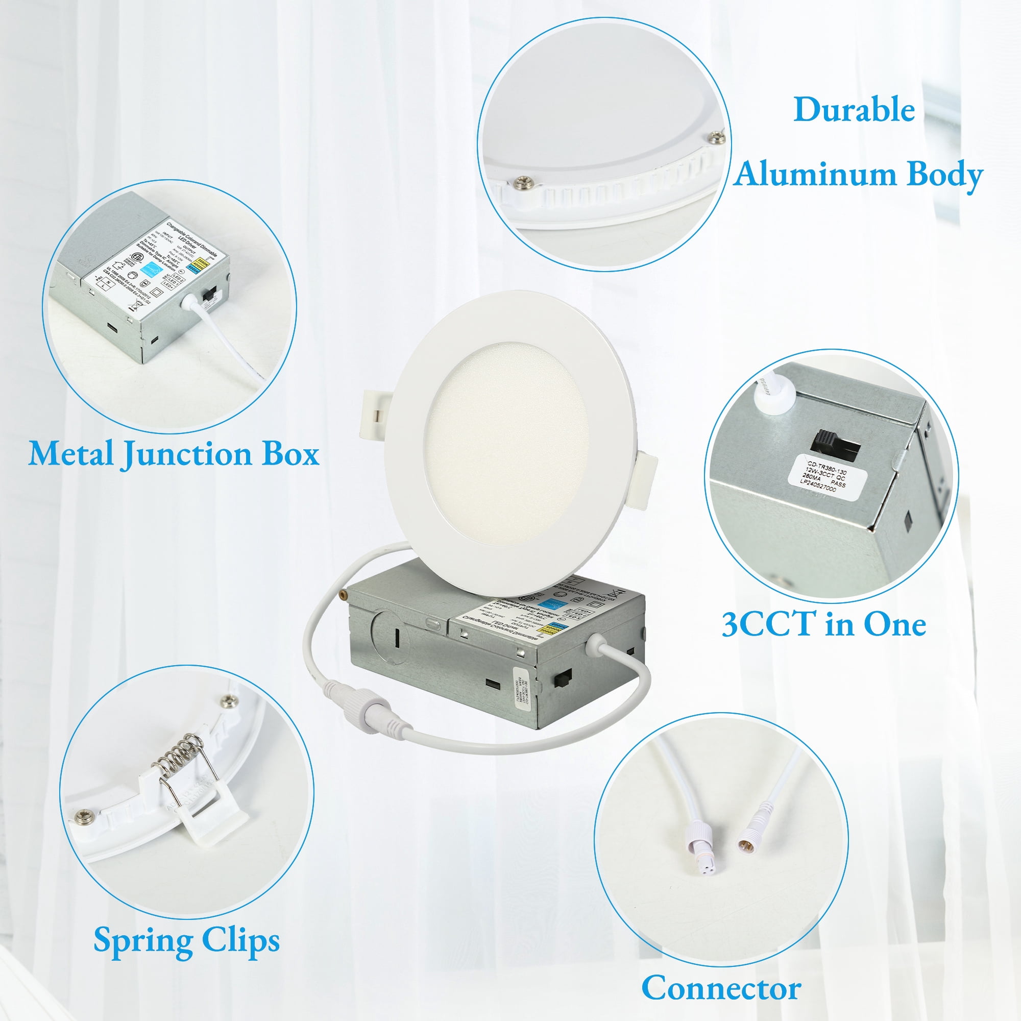 LNC 6 Inch Round LED Recessed Light,12W,3CCT,1100LM,Dimmable,Canless,Energy Star,ETL Listed,for Kitchen,Living Room,Bedroom