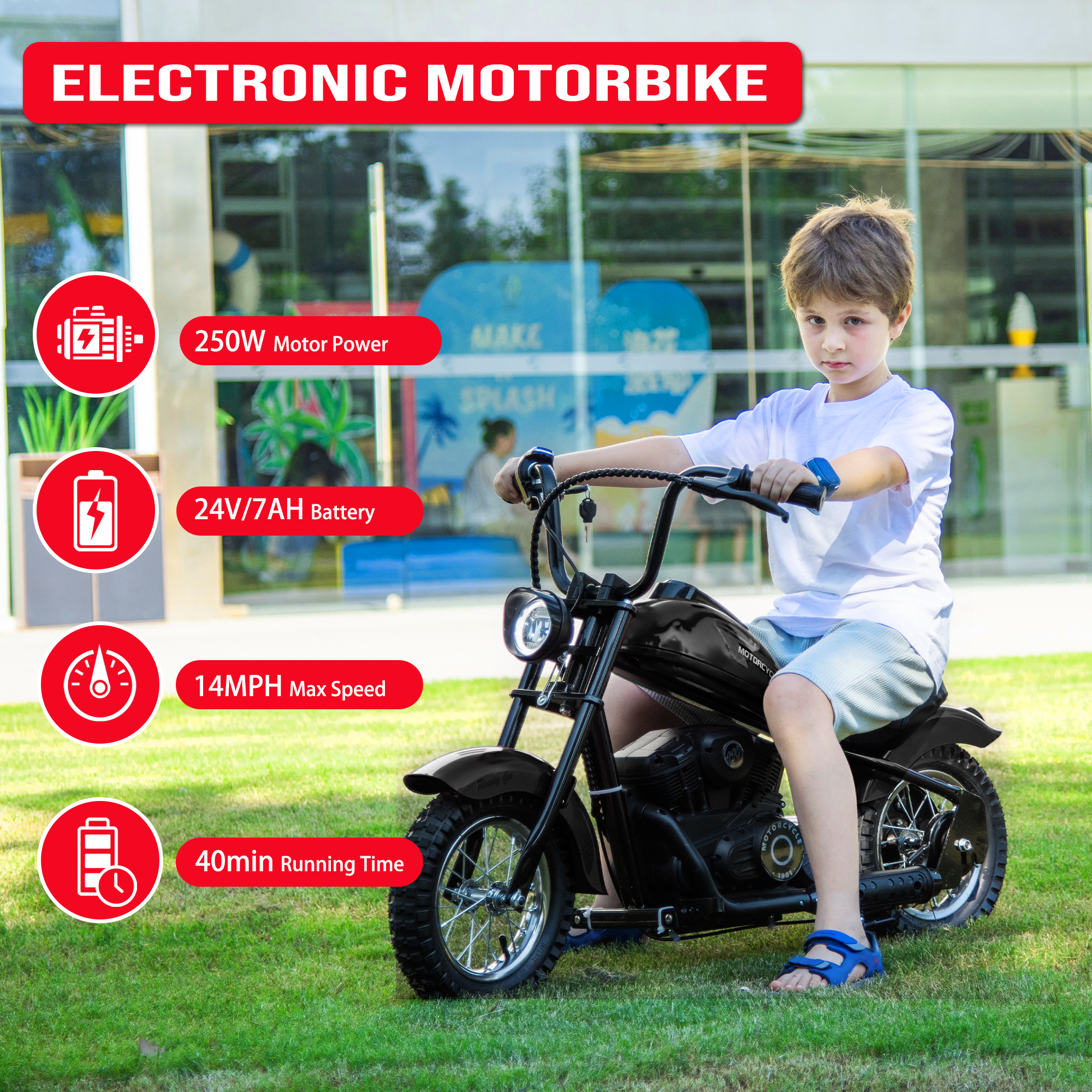 JoyWheels 24V Electric Dirt Bike, 250W Ride on Toy Motorcycle for kids,14 mph, Age 13+,Black