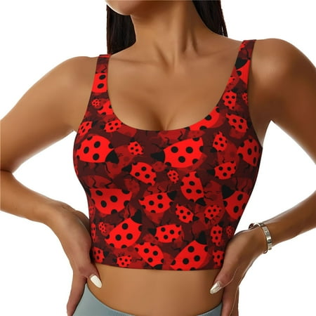 Qokaie Ladybugs 1 Pattern Womens Scoop Neck Sports Bra Breathable Workout Vest Padded U Back Medium Impact Fitness Gym Yoga Bra Workout Crop Top-XX-Large