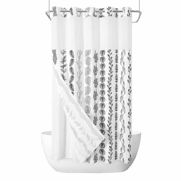 No Hook Black Botanical Shower Curtain with Snap in Liner Set, Modern Farmhouse Tropical Leaves Waterproof Fabric Bathroom Curtains with See Through Top Window, Hotel Style Stall 54 x 78 Inch