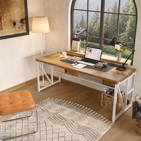 Fnova 63" Computer Desk with Storage Shelf, Study Writing Desk Work Station, Executive Desk with Metal Frame, Rustic Brown