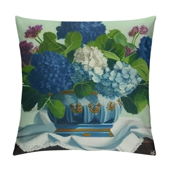 Fenyluxe Blue Hydrangea Throw Pillow Covers Chinoiserie Ginger Jar Vintage Floral Outdoor Grandmillenial Lumbar Decorations Decorative Throw Pillows Cases for Home Living Room Couch Decor 12x12in
