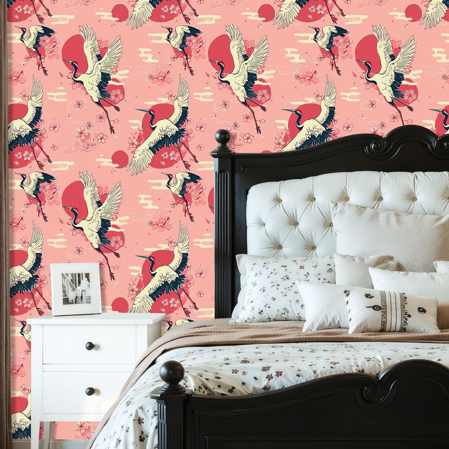 Crane Peel and Stick Wallpaper 23.6in x 9.8ft Cranes Cherry Blossoms Red Sun Retro Contact Paper Vinyl Waterproof Self Adhesive Wall Paper for Bedroom Shelf Cabinet Renter Friendly