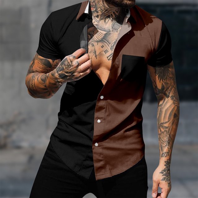 DPTALR Hommes Occasionnels Patchwork Col Rabattable Impression Manches Courtes Ont des Poches Bouton Chemise Tops Blouse