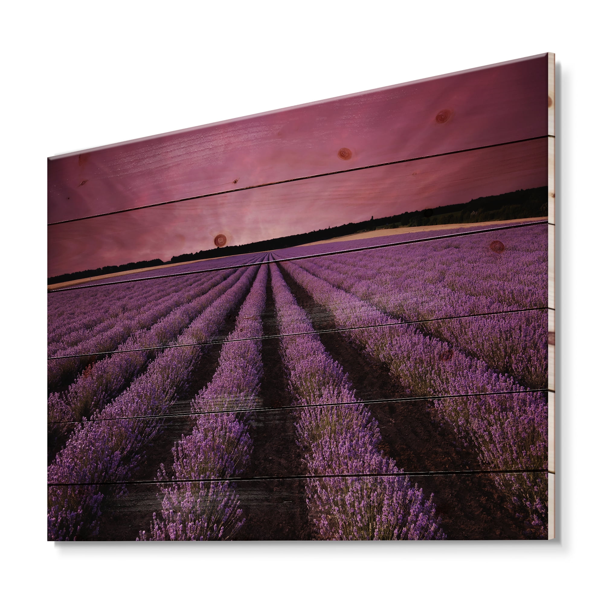 Designart 'Dramatic Clouds and Sunrise Over Lavender Field XI' Farmhouse Print on Natural Pine Wood