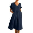 thumbnail image 2 of BLTIBY Womens Summer Cotton Linen Beach Dress Loose Casual Flowy Short Sleeve V Neck Midi Dresses with Pockets Navy XL, 2 of 9