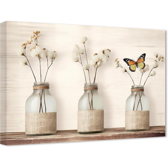 ZHONGYUTONG Rustic Kitchen Wall Art Butterfly Cotton Flower in Vase Picture Farmhouse Floral Canvas Prints Beige Botanical Artwork Bathroom Wall Decor (24.00" x 36.00")