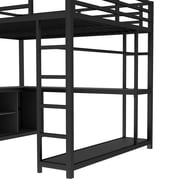 Bellemave Metal Loft Bed with L-shaped Desk and Storage, Queen Size Loft Bed Frame with Open Wardrobe and Shelves, Space-saving Loft Bed for Teens Adults (Queen, Black)