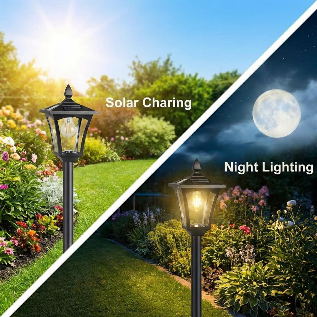 28" Solar Lamp Post Lights with Planter, Glass & Metal Street Light Outdoor Waterproof, 60 Lumens Dusk to Dawn Solar Pole Light for Garden, Yard, Driveway, Porch