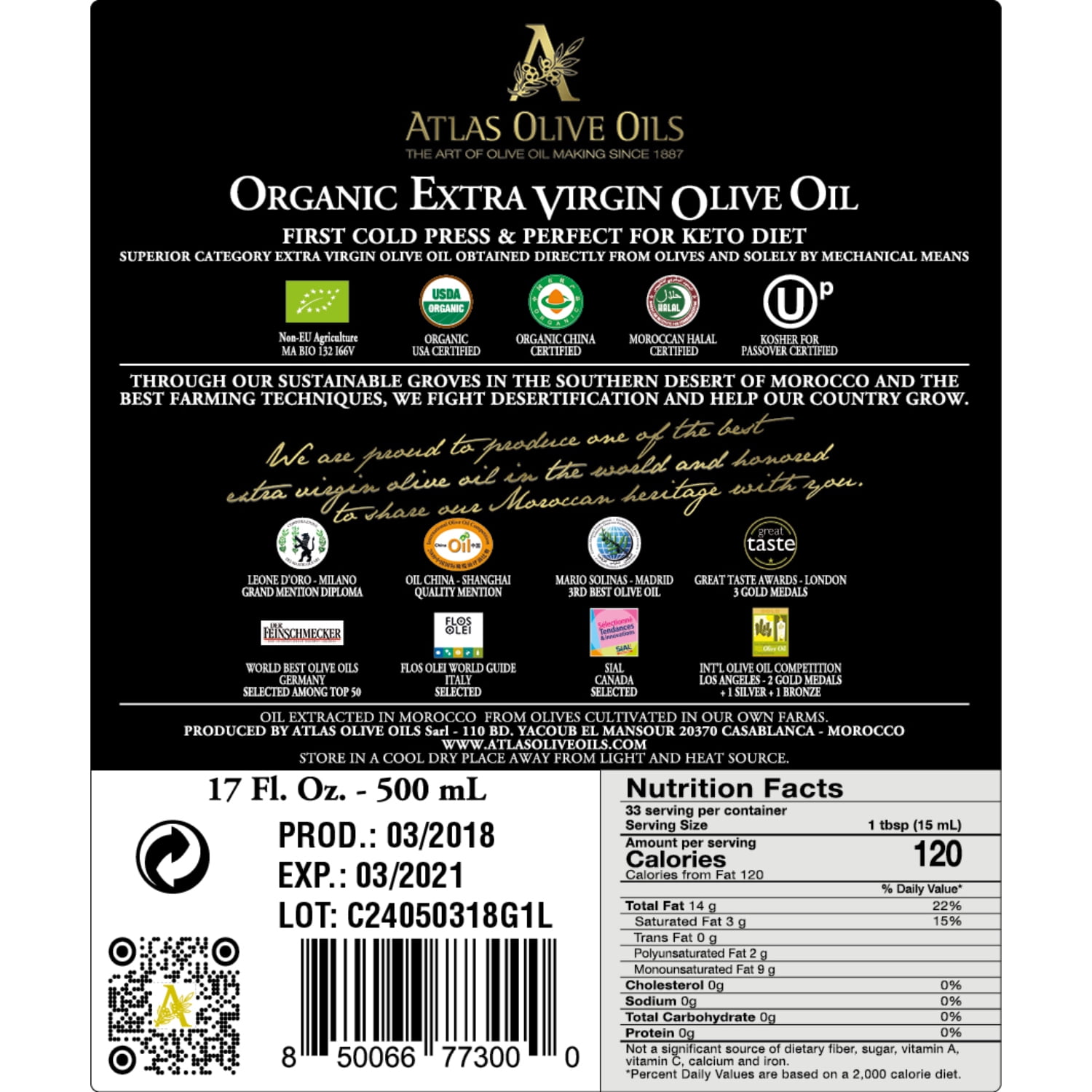 Atlas Organic Moroccan Extra Virgin Olive Oil, 500ml, Cold Pressed