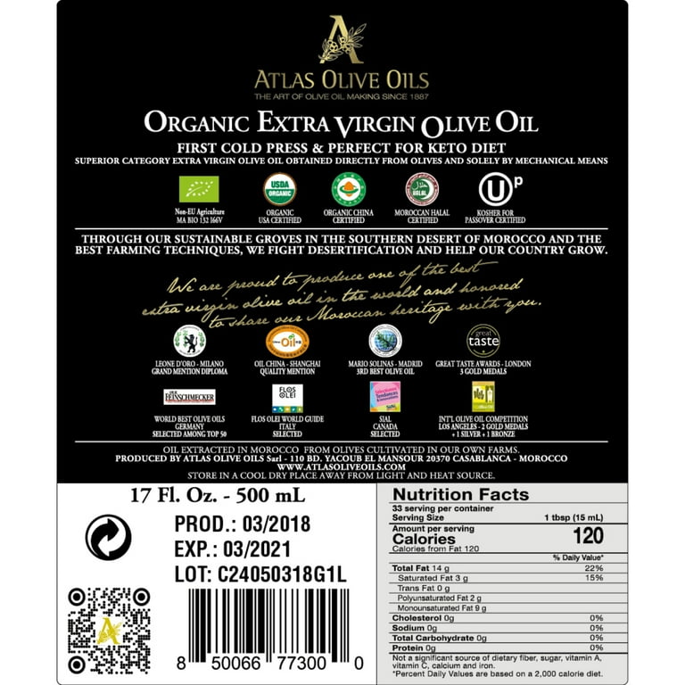 Atlas Organic Moroccan Extra Virgin Olive Oil, 500ml, Cold Pressed