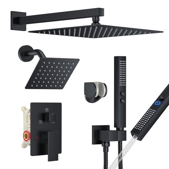 Shower System, Shower Faucet Set with 12-Inch Rain Showerhead and 2 in 1 Handheld Spray, Wall Mounted High-Pressure Showerhead Combo Set Included Valve and Trim, Matte Black