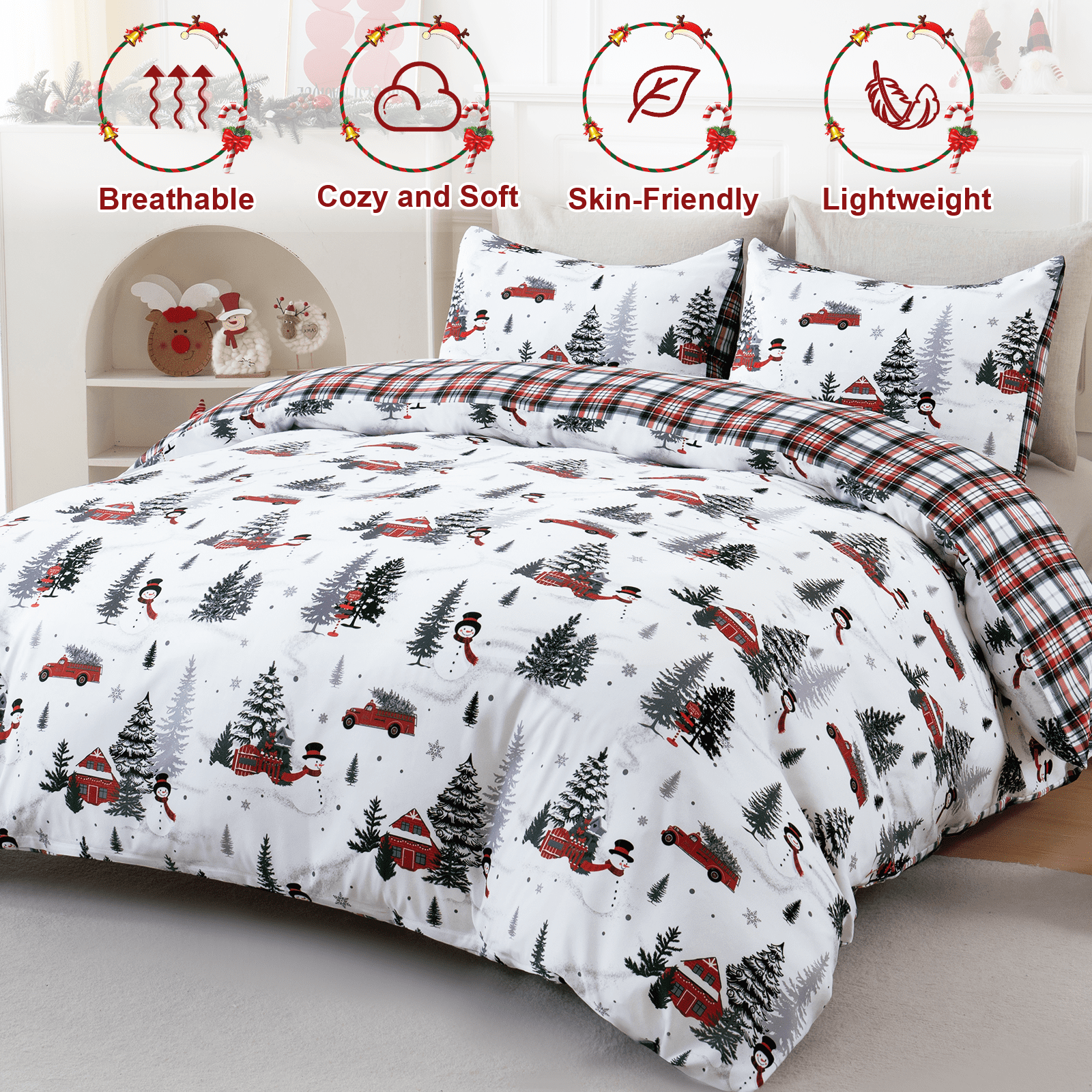 BLEUM CADE Duvet Cover Set Christmas Tree Snowflake Plaid Set Festive 3 - Piece with Pillow Cover, Soft Microfiber for Home Bedroom Set, Holiday Season Theme