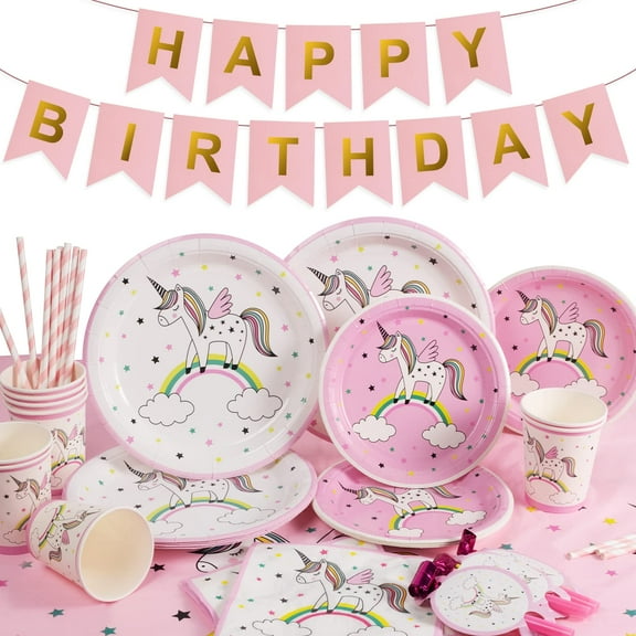 146 Pcs Unicorn Plates and Napkins, Birthday Party Supplies, Unicorn Tableware Set for Girl, Birthday Party Decor Serves 24