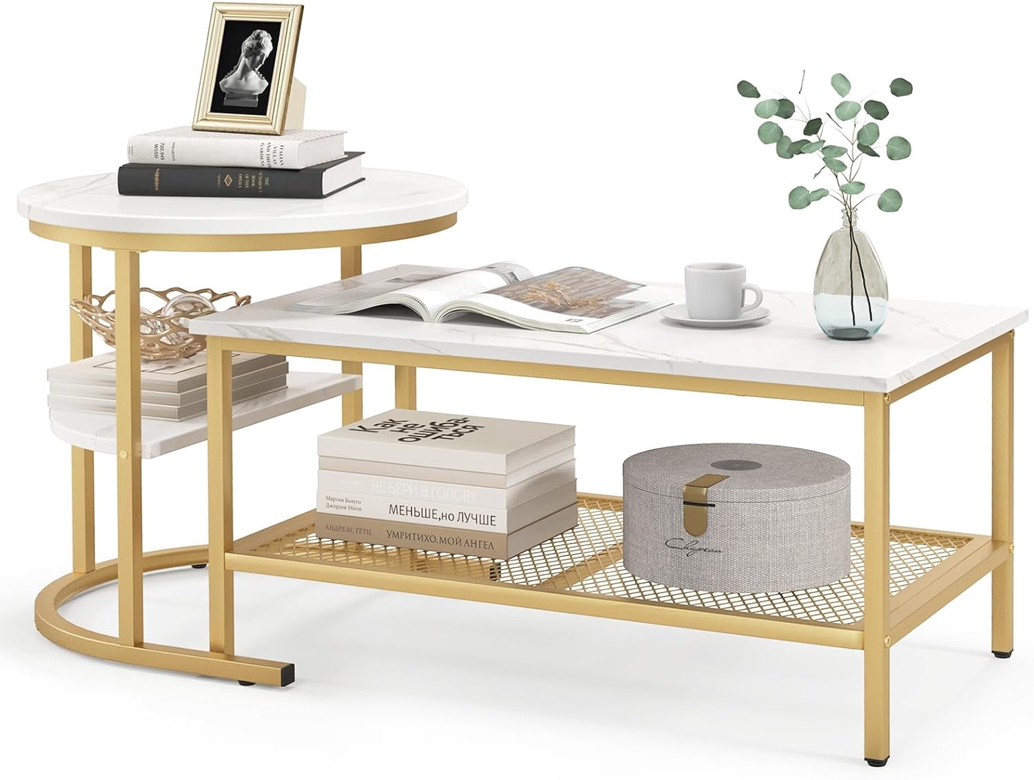 2 in 1 Nesting Coffee Table Modern Faux Marble Top Detachable Open Storage Shelf ,Home ,Office ,Gold & White