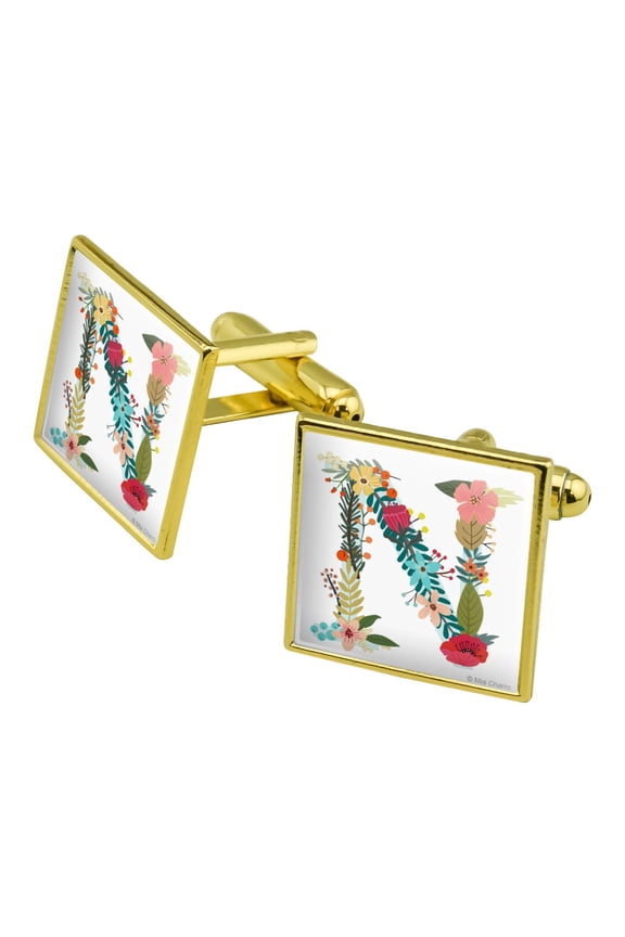 Letter N Floral Monogram Initial Square Cufflink Set - Silver or Gold