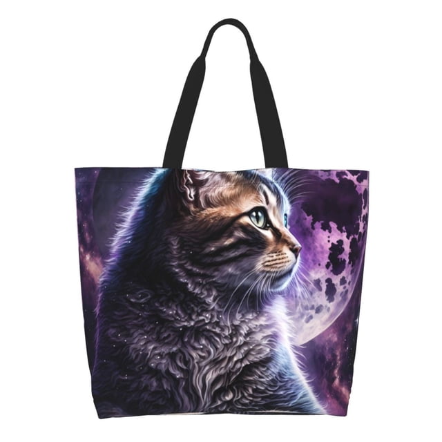 Fotbe Purple Moon Cat Bolsa Tote Estética de Lona con Estampado para Mujer - Bolsa Reutilizable de Hombro Casual para Vacaciones, Compras, Trabajo y Gimnasio