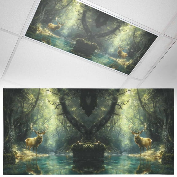 1 Piece Magnetic Fluorescent Light Covers, 2x4 Ft,Fantasy Forest Animal Retro Deer Lakes Creek Water Magnetic Light Covers for Ceiling Lights Classroom Office Home Decor