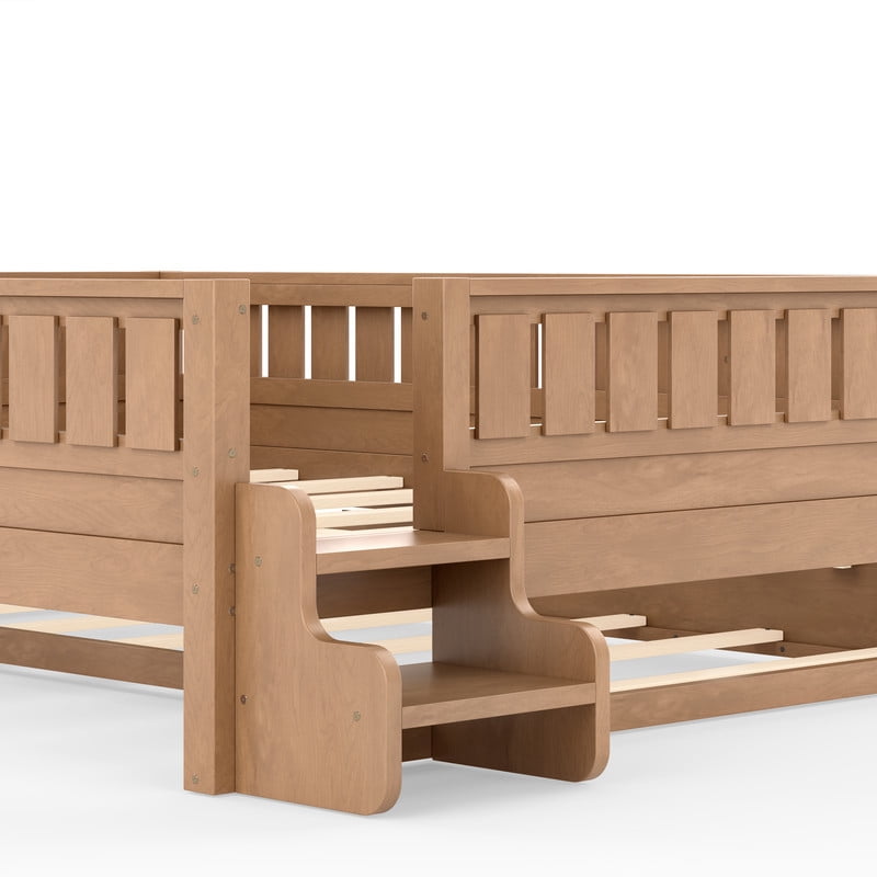 URTR Queen Bed with Rail and Bookshelf, Queen Size Wooden Montessori Floor Bed with Small Stairs and Trundle, Queen Size Platform Bed Frame, No Box Spring Needed, Natural