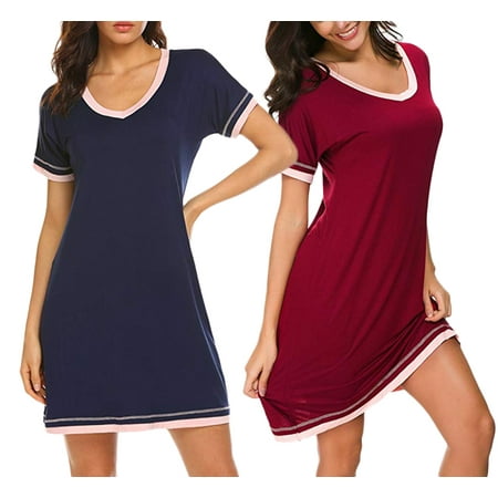 

Women s Cotton Short Sleeve V-neck Nightshirt Sleepwear Pajamas Nightgown