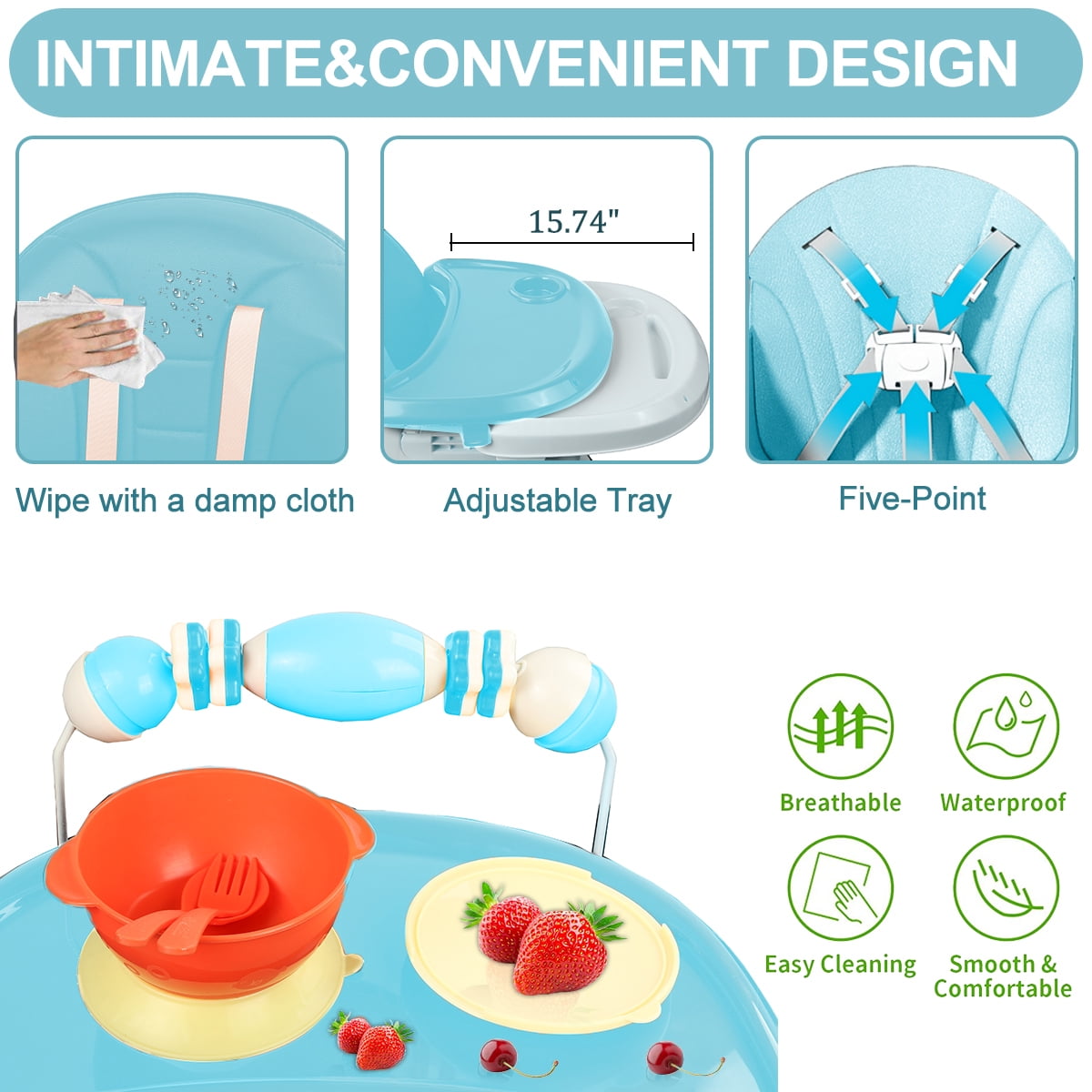 Liyufly 4-in-1 Baby Highchair Adjustable Kid Toddler Dining Chairs Eat & Grow Convertible Chair with 5-Point Harness, Dinner Plate, Light Blue