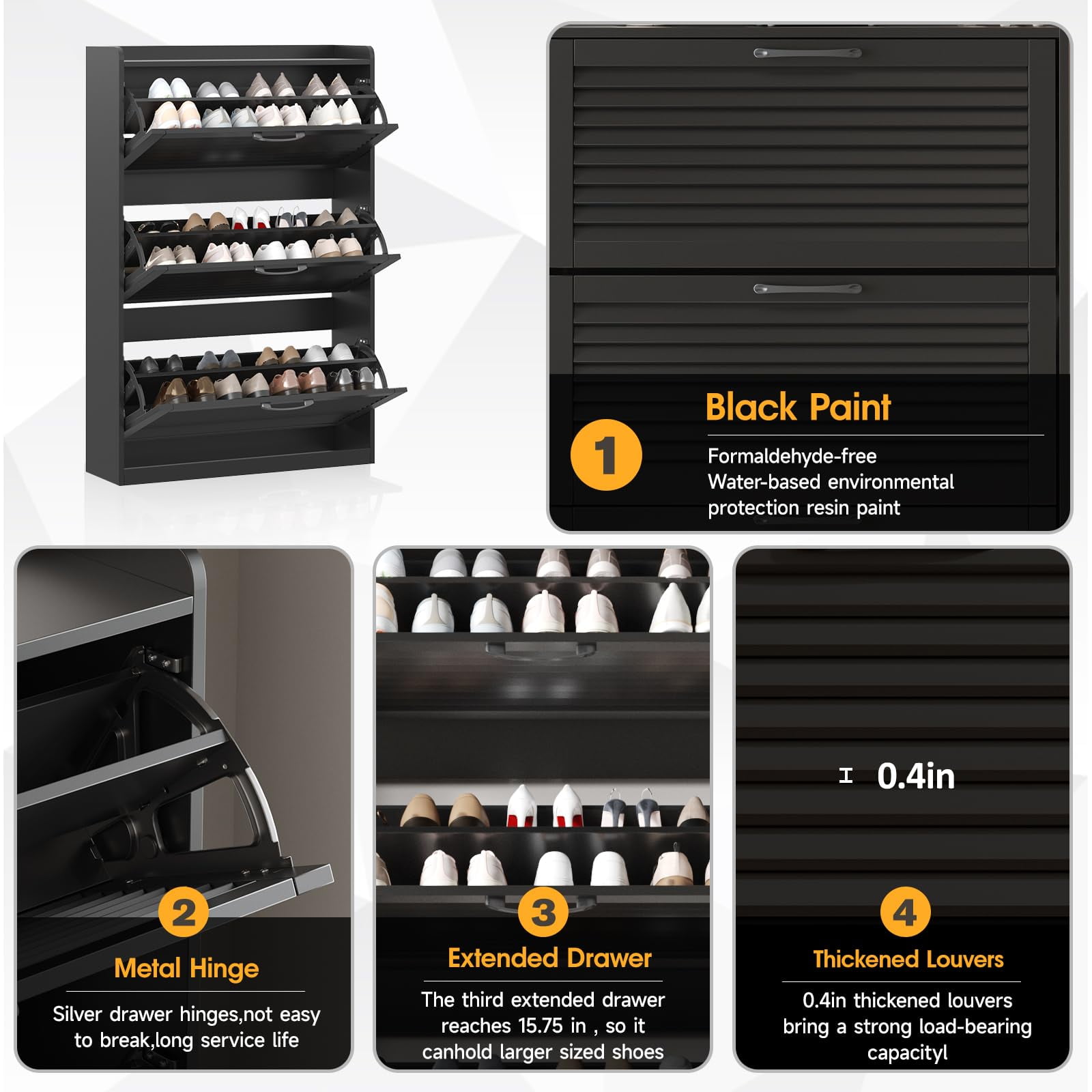 VEANERWOOD Shoe Storage Cabinet with 3 Flip Louvered Doors, Shoe Cabinet for Entryway, Narrow Shoe Rack Cabinet, Black