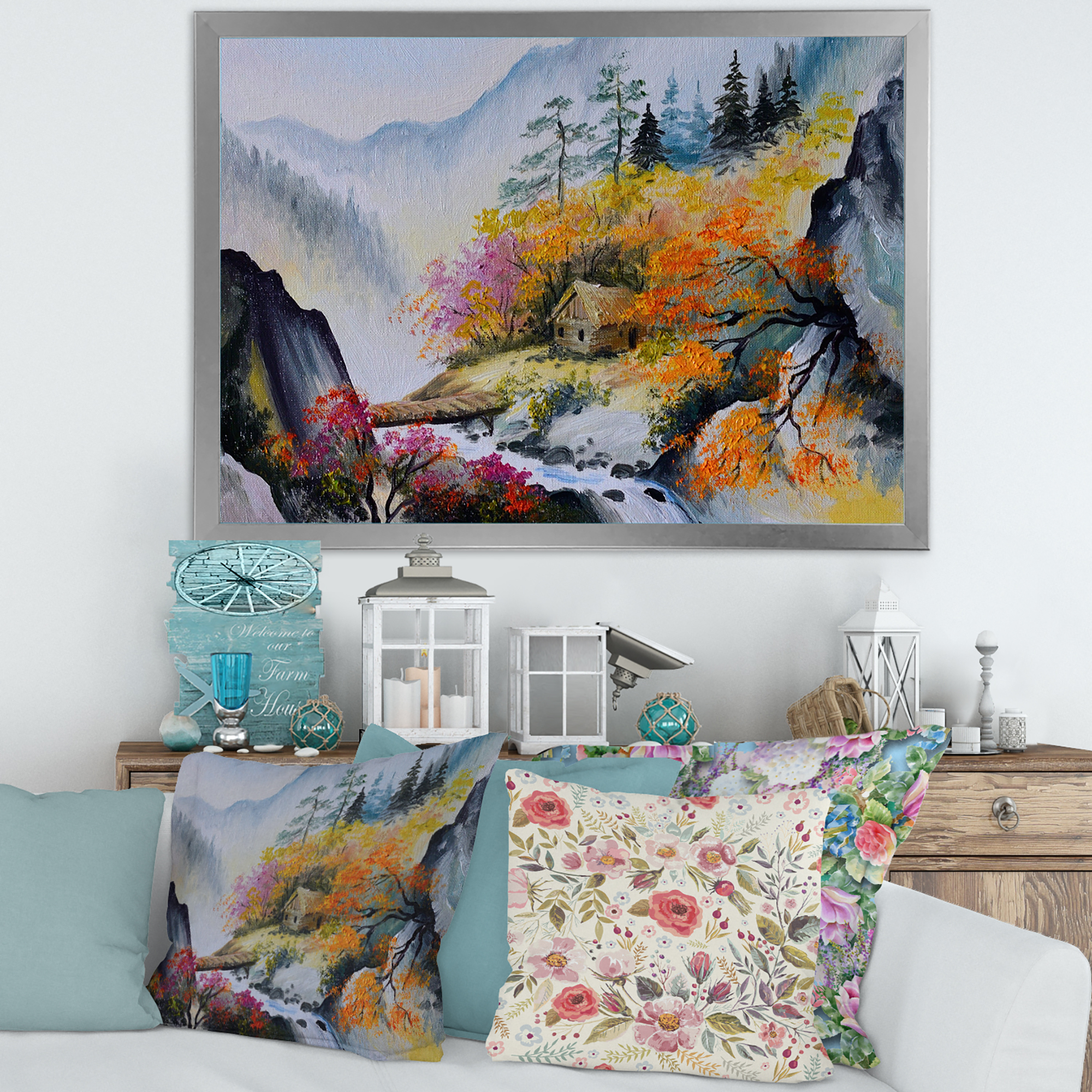 Designart 'VIbrant Mountain Landscape With Little House' Traditional Framed Art Print