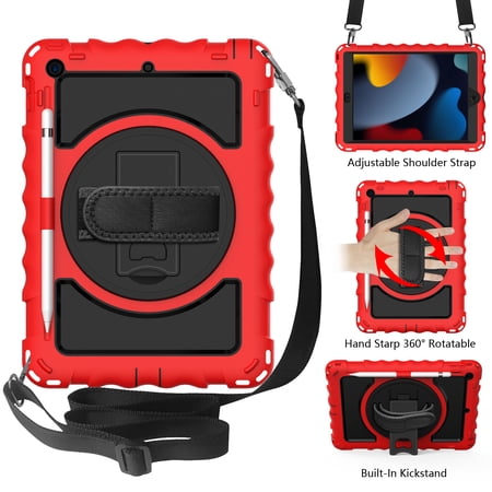 Case For Apple iPad 9th Gen 10.2 inch (2021) Hybrid 3in1 with Kickstand 360° Rotatable Stand & Shoulder Hand Strap Shock Corner Tablet Cover [ Red ]