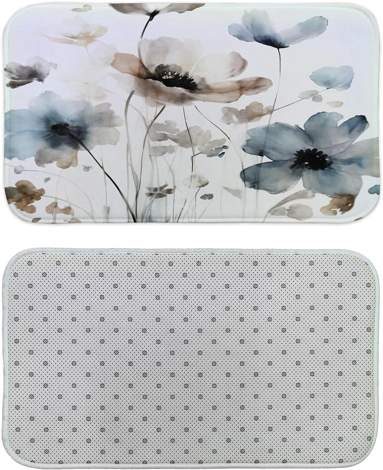 Boho Floral Bath Mat Rug for Bathroom, Cream Tan Beige Blue Grey White Watercolor Flower Bathroom Floor Rugs Mats Non Slip Kitchen Indoor Decor Decoration Accessories 17X29 Inches