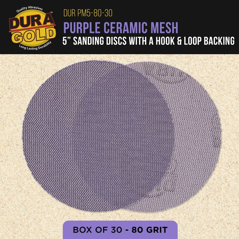 Dura-Gold 5" Purple Ceramic Mesh Sanding Discs – 80 Grit, Box Of 30, Hook & Loop Backing For DA & Orbital Sanders