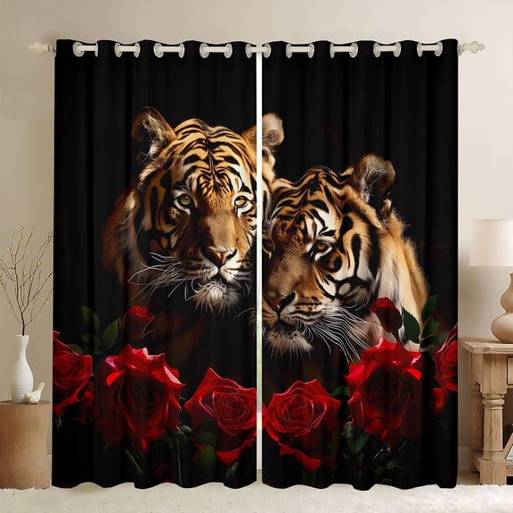 Feelyou Romantic Couple Tiger Black Out Curtains, 3D Jungle Animal Curtains Pack of 2 (42x63 Each), Valentines Day Rose Bedroom Curtains, Living Room Curtains Decor