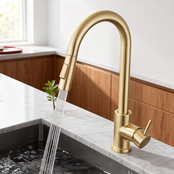 Brushed Gold Kitchen Faucet with Pull Down Sprayer High Arc Modern Classic Sink Faucet Stainless Steel with Deck Plate Fit for 1 or 3 Hole for Pot Filler Bar Farmhouse Laundry Rv
