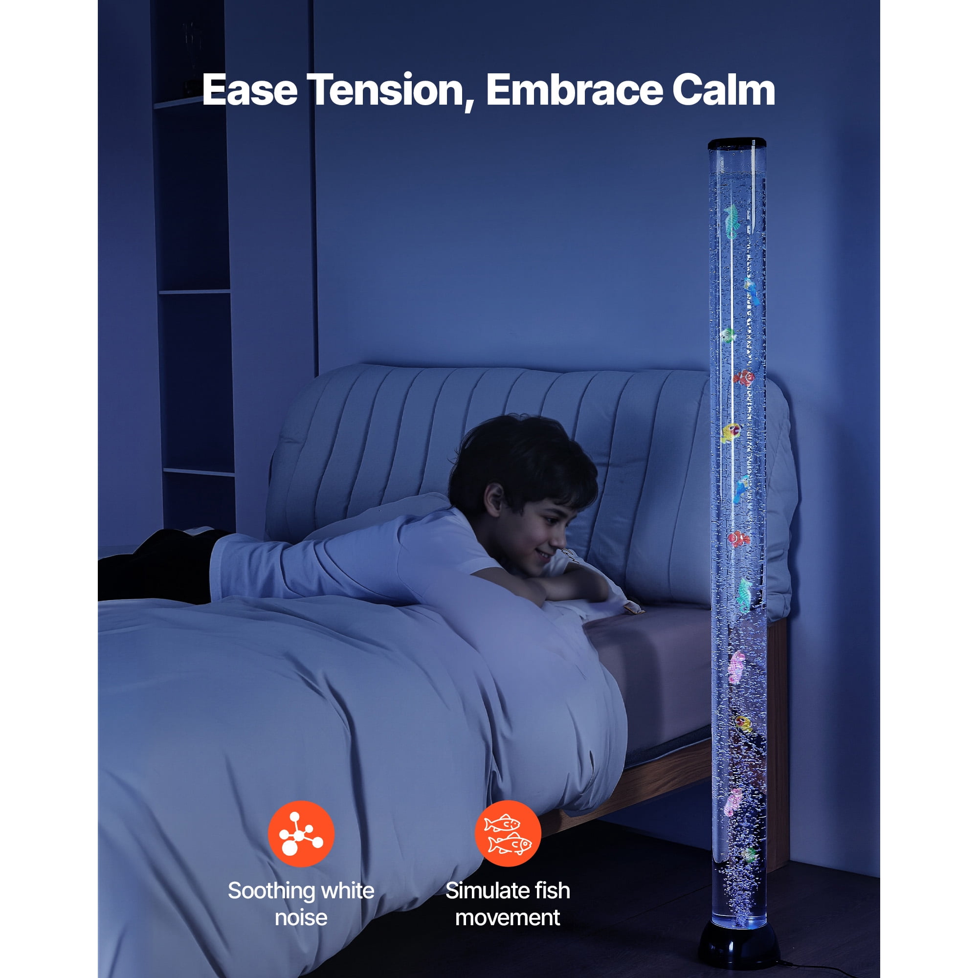 KFFKFF 5 ft Sensory Bubble Tube Lamp with Floating Fish, 16 Color Options, Remote Control, and Calming Light for Home Decor and Relaxation