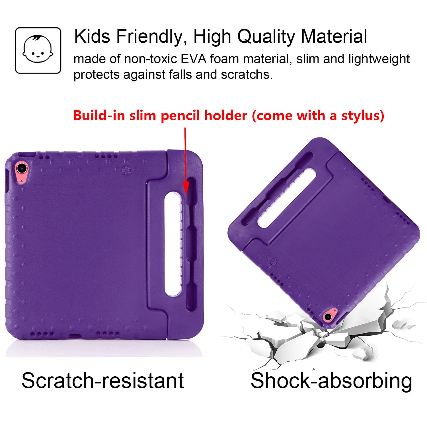 Allytech Kids Case for Apple iPad 10th Generation 10.9 inch 2022 with Pencil Holder/Rotating Stand Handle/Foldable Kickstand Kid-Proof Girl Boy Soft EVA Foam Shockproof Rugged Heavy Duty Cover, Purple