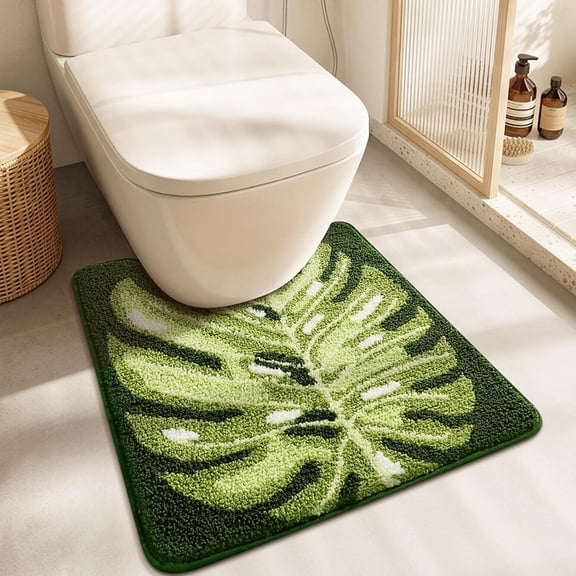 Monstera Leaf U-Shaped Toilet Mat, Green Nordic Bath Rug with Gradient Leaf Veins, Soft Absorbent Non-Slip Microfiber Floor Mat for Toilet Base, Machine Washable Bathroom Decor