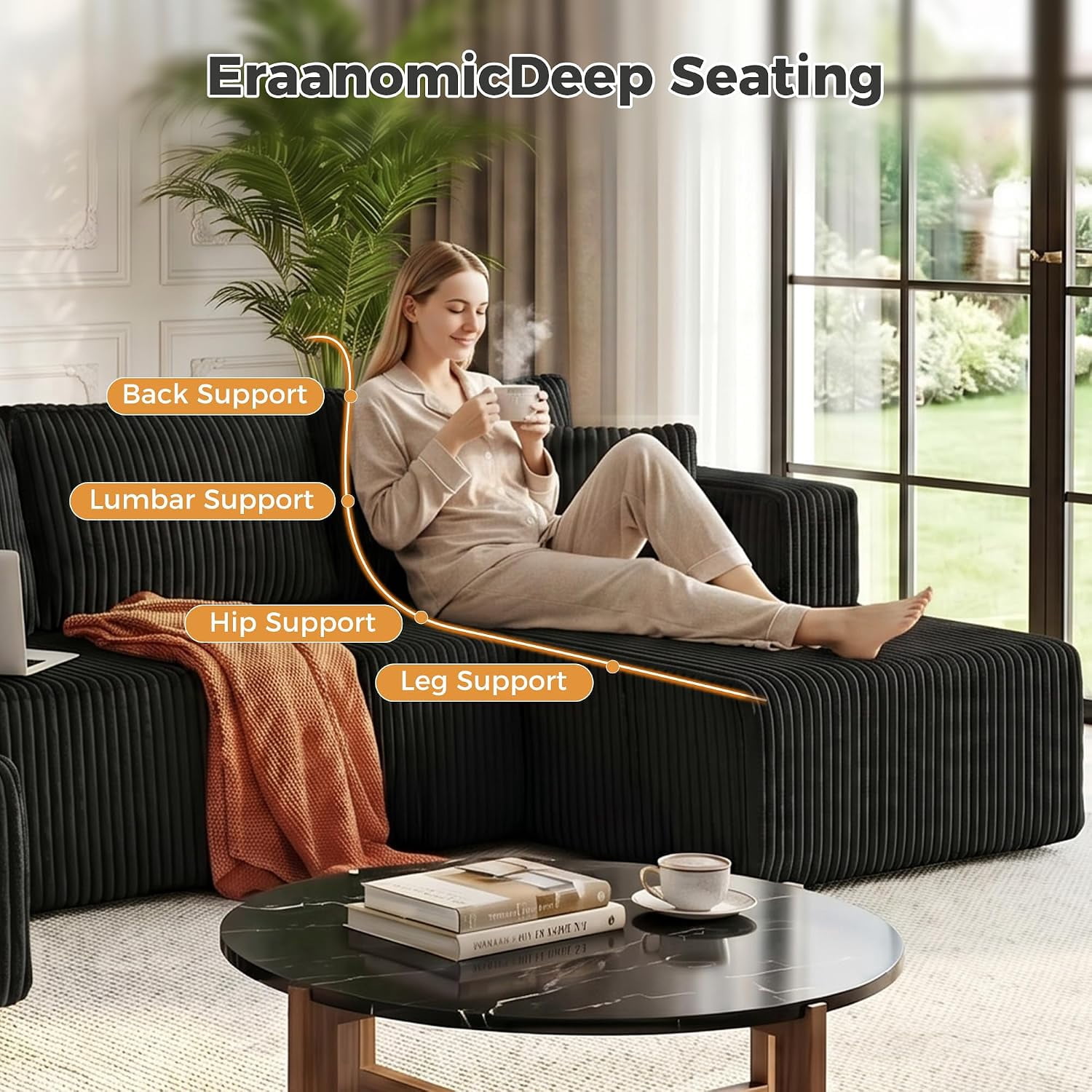avobird 132" Oversized Cloud Boneless Sofa, U-Shaped Modular Sectional Sofa with Chaise and Side Pockets, Corduroy Deep Seat Couch for Living Room, Black