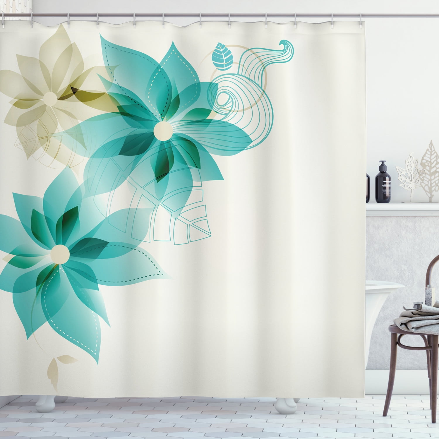 Teal Shower Curtain, Vintage Inspired Floral Design with Abstract