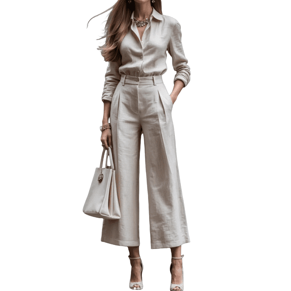 2 Piece Outfits Summer,Women's Linen 2 Piece Outfits Long Sleeve Button Down Shirt Matching High Waisted Pencil Pants Business Casual Sets