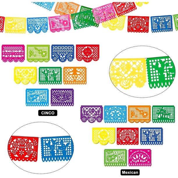 Pancartas para fiestas mexicanas, paquete de 5 decoraciones para fiestas mexicanas, suministros para fiestas del Día de los Caídos, pancartas de plástico, 4 diseños diferentes
