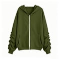thumbnail image 4 of Girls Solid Color Ruched Sleeve Zip Up Hoodie Jacket, Casual Fleece Lined Pocket Hooded Sweatshirt for Kids Fall Winter Daily Wear(Green,14-15 Years), 4 of 5