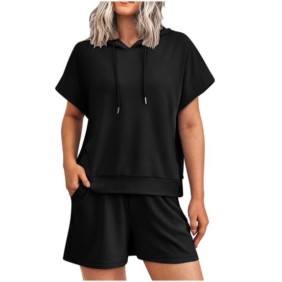 Otvok Summer Womens Sets Casual 2 Piece Outfits Short Sleeve Hoodie Tops and Shorts with Pockets