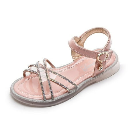 

DancePeanut Kids Rhinestone Strip Beach Sandals Shoes Girls soft Crystal Sole Sandals Children Summer Hook & Loop Shoes Size 26-36