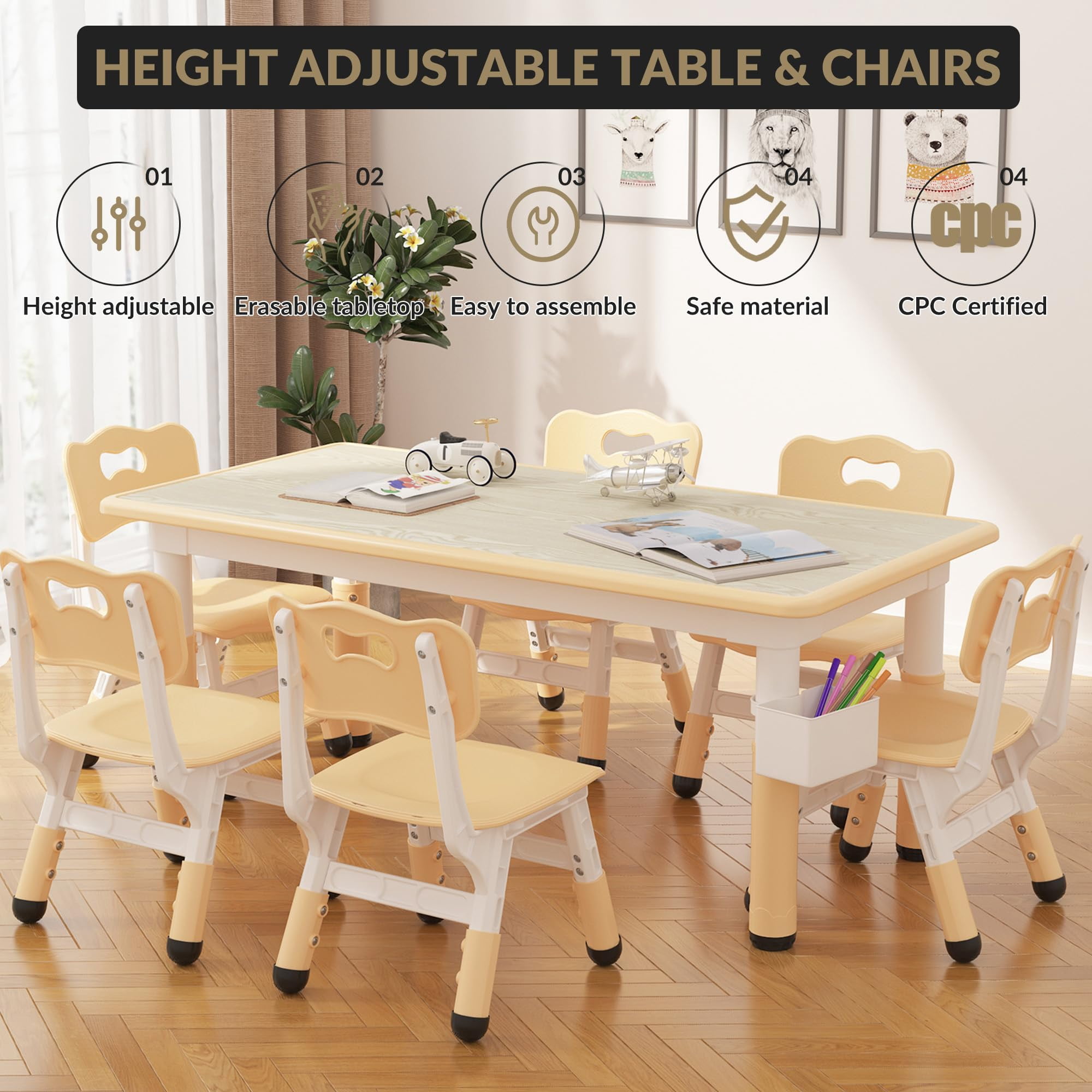 Accreate Kids Table & 6 Chairs Set with Storage Box - Height Adjustable Toddler Table for Ages 2-10, Graffiti Desktop, Non-Slip Legs - Ideal for Daycare, Classroom & Home Activities