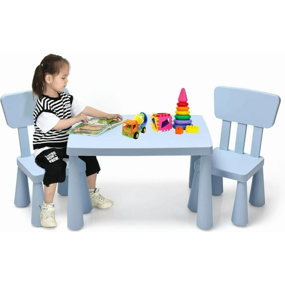 Kids Table and Chairs(2 Chairs Included), 3 Piece Lightweight Plastic Children Activity Table for Preschool, Kindergarten, Playroom, Easy Clean Toddler Furniture Set for Ages 1-7 (Blue)