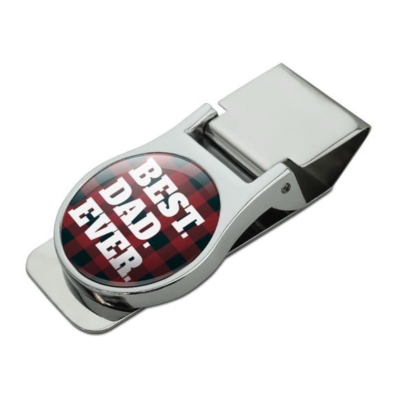 Best Dad Ever Red Black Plaid Satin Chrome Plated Metal Money Clip