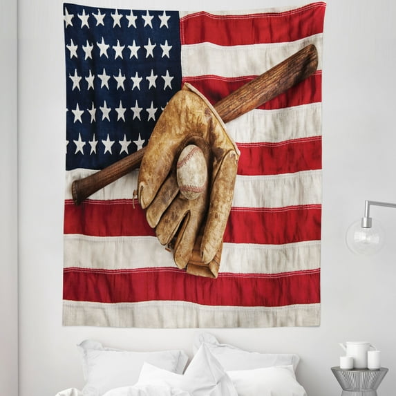 American Flag Tapestry, Vintage Baseball League Equipment Usa Grunge Glove Bat Fielding Sports Theme, Fabric Wall Hanging Decor for Bedroom Living Room Dorm, 5 Sizes, Brown Red Blue, by Ambesonne