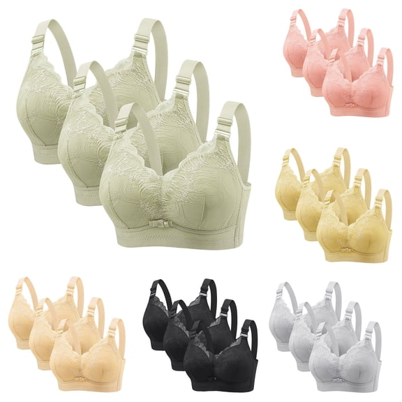 Agkizg Lace Wireless Bra 4-Rows Hook Thin Cup Breathable Soft Comfortable Everyday Wear Bralette,3-Pack (Women's or Women's Plus)