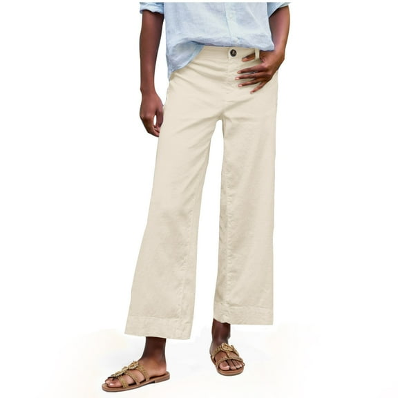 Cropped Linen Pants Women High Waisted Flare Wide Leg Capri Work Pants Business Casual Ankle Pants with Pockets, 2793 Limited Time